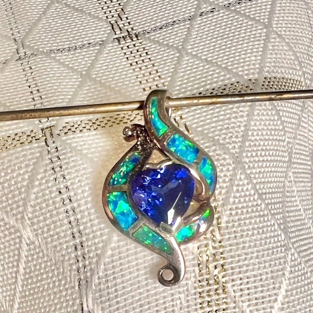 Vintage Blue Fire Opal w Blue Heart Center Stone Pendant in 925 Sterling Silver